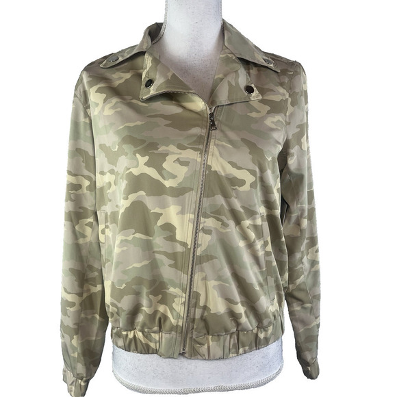 Nine West Zip Front Wind Breaker Jacket sz Extra Small Olive Green Cameo Zip - Picture 1 of 10